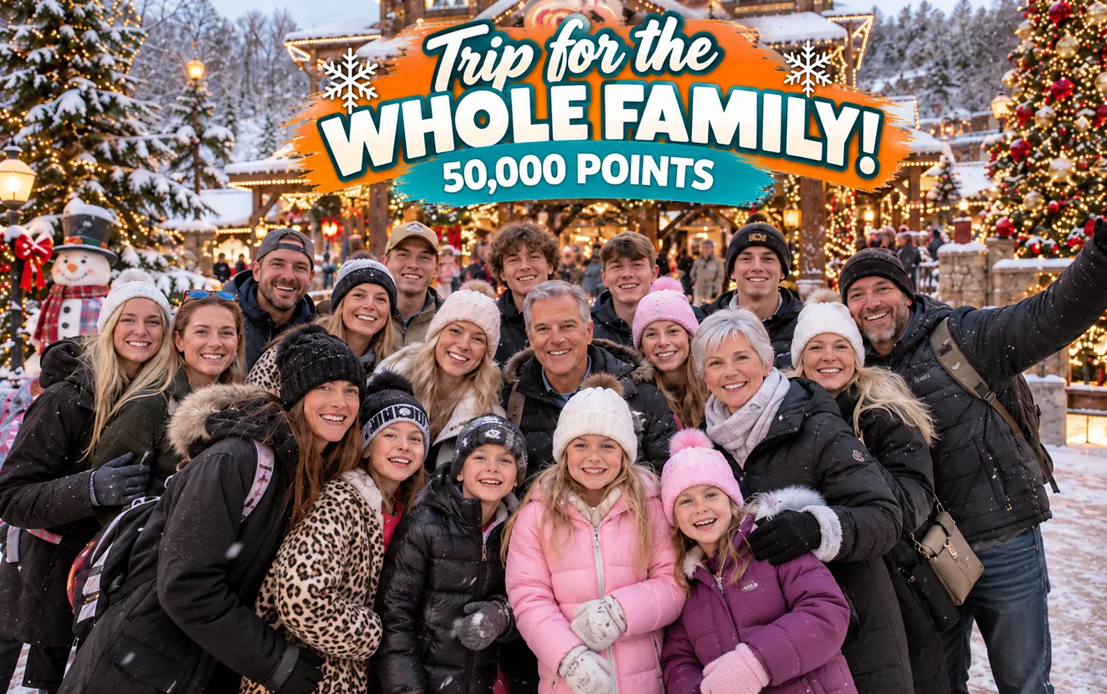 A large extended family together in the snow at a Smoky Mountains Christmas village